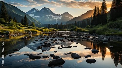 A tranquil mountain lake at sunset, with still waters reflecting the surrounding peaks and a sky ablaze with vibrant colors as the day comes to an end. Minimal and Simple,