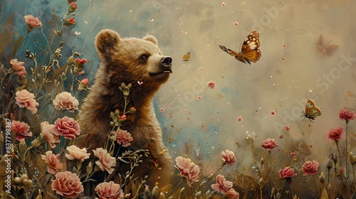 Playful Bear Cub Frolicking Amidst Carnations and Ethereal Butterfly Sculptures