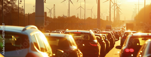 Busy Highway Traffic at Sunset with Wind Turbines