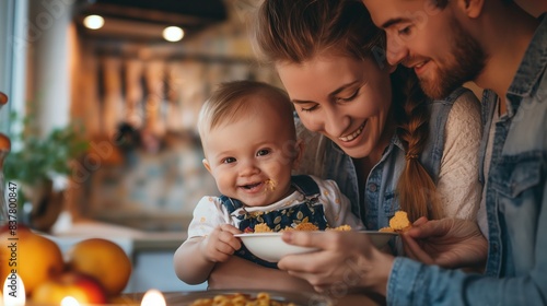 Parents smiling and feeding their infant child in a warmly lit house, creating a cheerful family mealtime