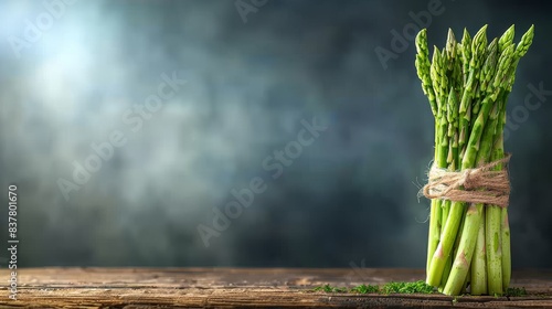 A bunch of fresh green asparagus tied neatly to a wooden plank with twine