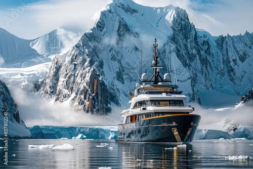 a luxury expedition yacht with a rugged yet elegant design, featuring expedition-grade equipment, comfortable accommodations, and sophisticated amenities for adventurous travel to remote destinations