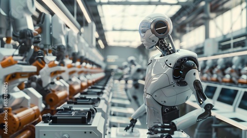 A humanoid robot working in an advanced factory setting, highlighting automation and the future of manufacturing.