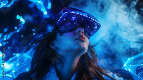 A woman immersed in a virtual reality experience, wearing VR goggles and surrounded by digital blue light effects.