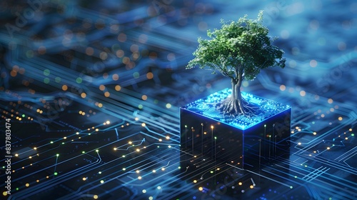 A green tree growing on a digital circuit board, symbolizing the blend of nature and technology in a futuristic concept.