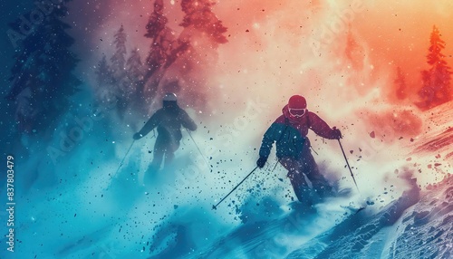 Skiers on snowy slopes, close up, focus on, copy space, vivid hues, Double exposure silhouette with dynamic motion