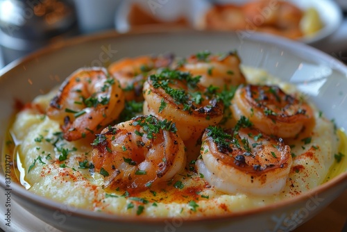 Shrimp and Grits - Shrimp served over creamy grits with a sprinkle of herbs. 