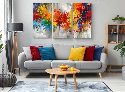 Vibrant autumn colors on the grey sofa in minimalist living room with abstract paintings and wooden coffee table