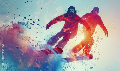 Snowboarders in action, close up, focus on, copy space, colorful scenery, Double exposure silhouette with thrilling jumps