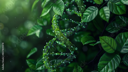 Nature-Inspired Green DNA Helix with Dewy Leaves - Eco-Friendly Biotechnological Concept