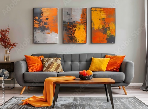 Vibrant autumn colors on the grey sofa in minimalist living room with abstract paintings and wooden coffee table