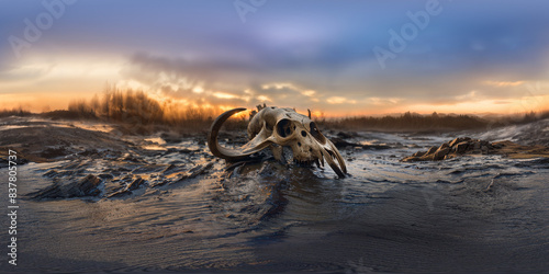 Buru babirusa skull on muddy grounds VR 360 Spherical Panorama 