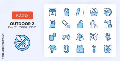 Line icons about outdoor activities. Contains such icons as climbing, insect repellent, life jacket and more. 256x256 Pixel Perfect editable in two colors. Set 2 of 2