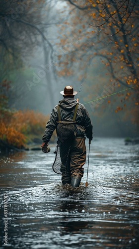 Fly fisherman walking through river with caught fish in his net.