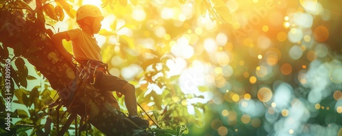 Tree climbing at adventure park, close up, focus on, copy space, vibrant displays, Double exposure silhouette with high branches