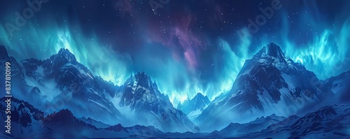 Blue Aurora Borealis over Rocky Mountains. Magical Northern Lights Background with copy-space.