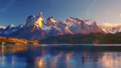 A mountain lake with mountain glow in sunlight looking peaceful with empty background
