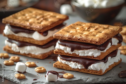 Smores - smores with melted chocolate and marshmallow between graham crackers.