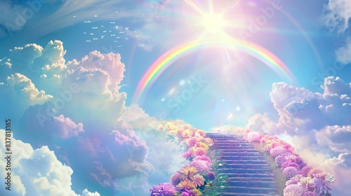 A celestial scene featuring a grand rainbow bridge leading to a staircase ascending into the sky, The stairway is adorned with vibrant, blooming radiant flowers set against a backdrop of fluffy clouds