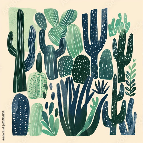 Collection illustration pattern of various types of cacti in green and navy tones. Isolated on white background.