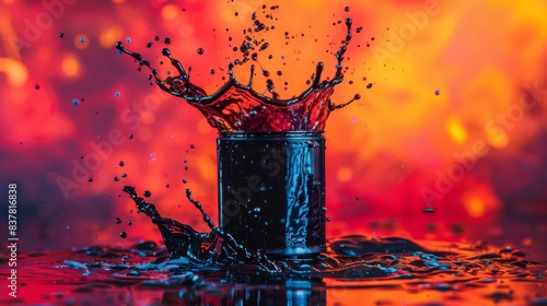  A red and orange background with water splashing out of a black container and onto the yellow below