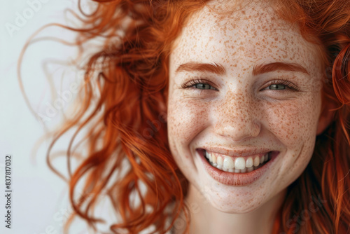 A smiling girl with lots of freckles and bright red hair.