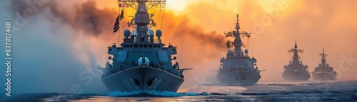 Fleet of navy warships sailing with stunning sunset backdrop, emitting smoke, symbolizing maritime power and defense at sea.