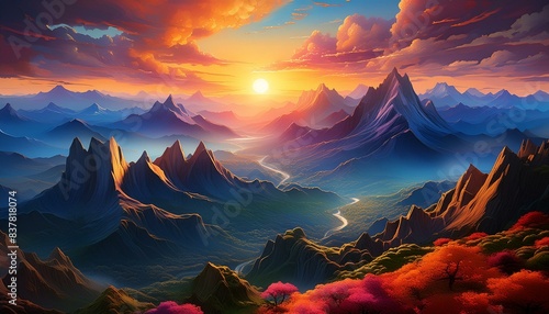 The sun rising over a mountain range with soft light. 