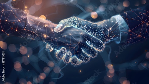Handshake in a digital style with network connections, symbolizing business collaboration and the use of blockchain technology for official documents 