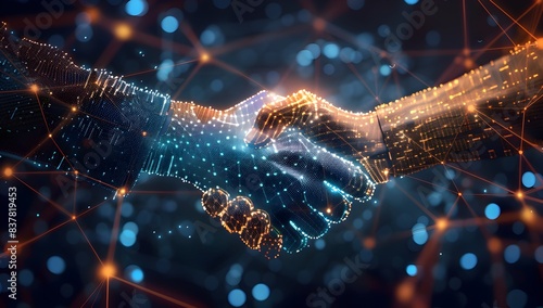 Handshake in a digital style with network connections, symbolizing business collaboration and the use of blockchain technology for official documents 