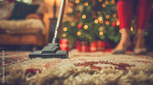  A woman in red pants vacuums a carpet beside a Christmas tree, another tree visible behind the carpet