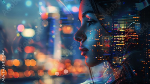 A futuristic portrait of a person with a digital overlay, set against a city lights backdrop. The image conveys connection, technology, and urban life.