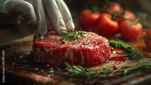 Close-up of a gloved hand seasoning a raw steak with rosemary, salt, and pepper, on a wooden board with tomatoes in the background.