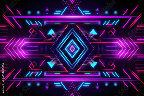 Aztec geometric pattern neon background in traditional ornamental ethnic style 