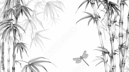 Elegant grayscale illustration of bamboo stalks and leaves framing a flying dragonfly on a white background.