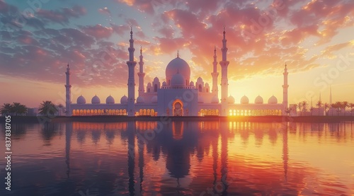 A White Mosque Reflects in the Water at Sunset in Abu Dhabi