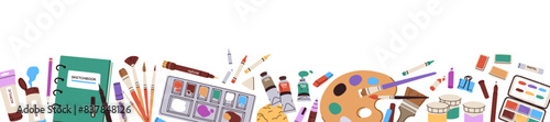 Art tools and supplies, creeative stationery border design. Paints, pencils, oil tubes, drawing and painting accessories on long web banner. Flat vector illustration isolated on white background