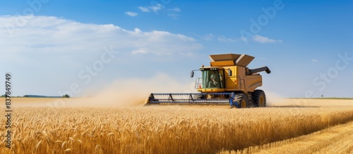 Combine Harvester Gathering Wheat in Sunny Field