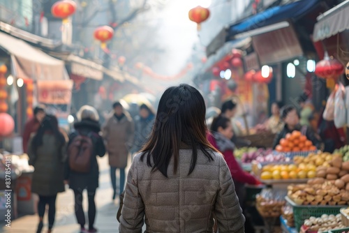 bustling food market street in beijing china asian woman traveling panoramic city banner