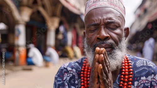 A Muslim man with a beard is wearing a red beaded necklace