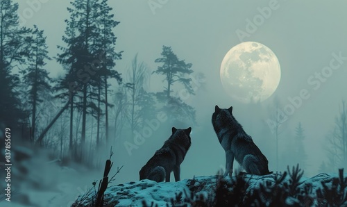 Wolves in wildlife sanctuary, snowy landscape, howling at moon close up, focus on, copy space Double exposure silhouette with winter wilderness