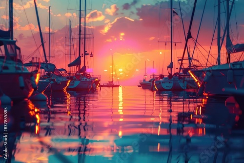 Yachts in marina at sunset, close up, focus on, copy space, vibrant colors, Double exposure silhouette with sailing masts