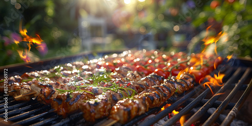 Meat on skewers with tomatoes grilled outdoors at barbecue on sunny summer day.