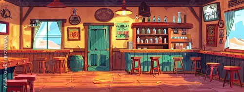 Western saloon interior. Cowboy saloon, western retro bar empty interior. Cartoon illustration.