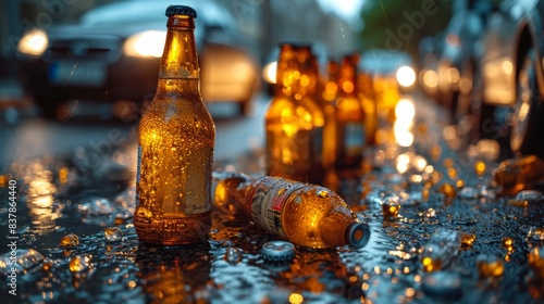 Multiple discarded beer bottles strewn across a bustling urban street packed with vehicles, showcasing the negative impact of pollution and littering in the city environment.