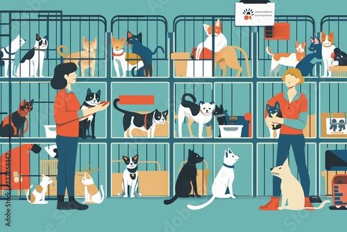 A detailed illustration portrays an animal shelter where caring staff provide support for cats and dogs in kennels and cages, encouraging adoption and promoting animal welfare