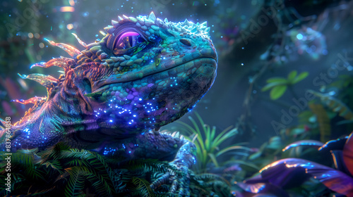 an alien iridescent lizard with glowing purple eyes and blue scales, sitting in the heart of a lush alien jungle