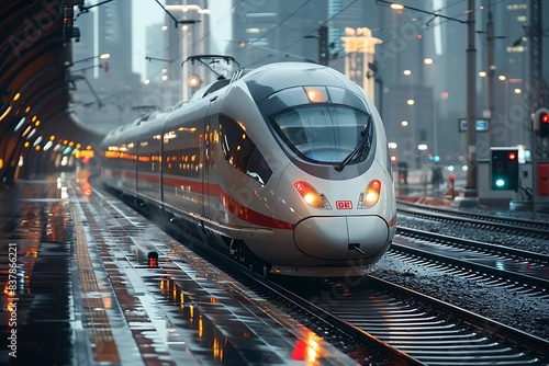 Photorealistic scene of modern train with shallow depth of field,