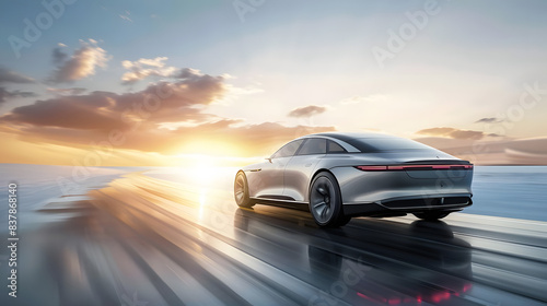 a sleek, silver sedan races towards a vibrant sunrise, highlighting speed and freedom in a dynamic concept. generative ai