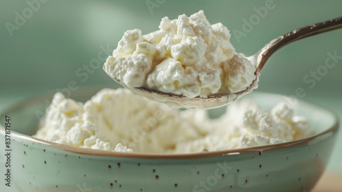 Cottage cheese in a bowl with spoon, close-up view.